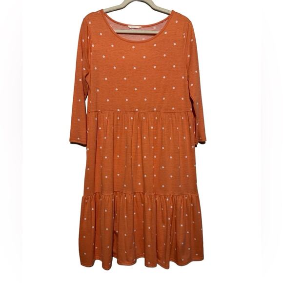 Reborn J Dresses & Skirts - Reborn J Pink Orange Coral White Polka Dit Ruffle Tiered Knee Length Dress Large